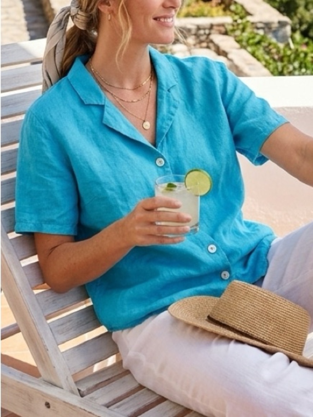 FLAX 100% Linen Short Sleeve Button Down Shirt Turquoise Size S